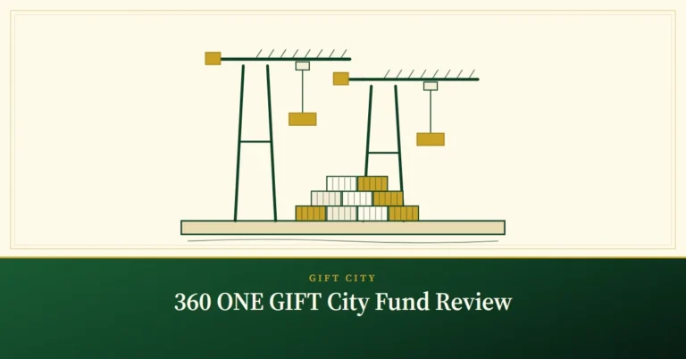 360 ONE GIFT City Fund Review – engraved illustration: harbour cranes and containers