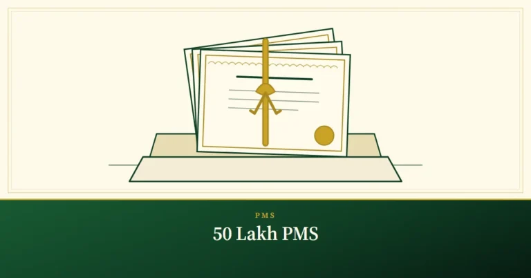 50 Lakh PMS – engraved illustration: share certificates going into a portfolio folder