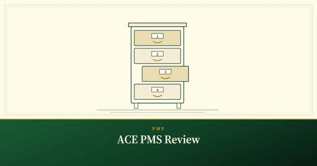 ACE PMS Review – engraved illustration: cabinet with four labelled drawers
