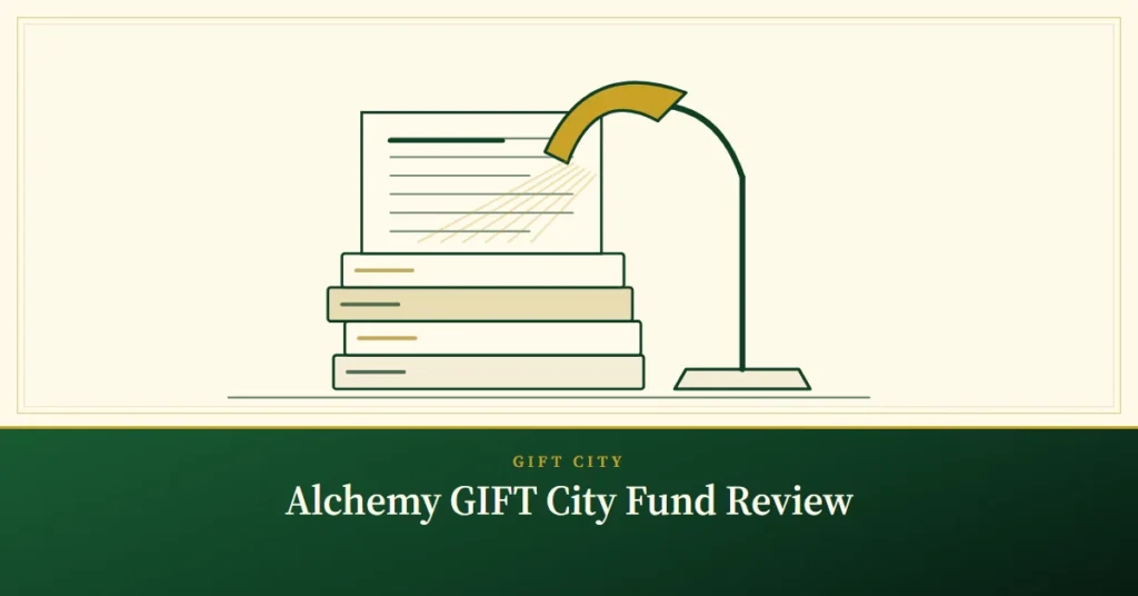 Alchemy GIFT City Fund Review – engraved illustration: desk lamp over research reports