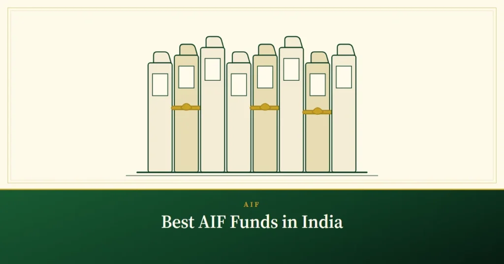Best AIF Funds in India – engraved illustration: eight folders, a few ribboned