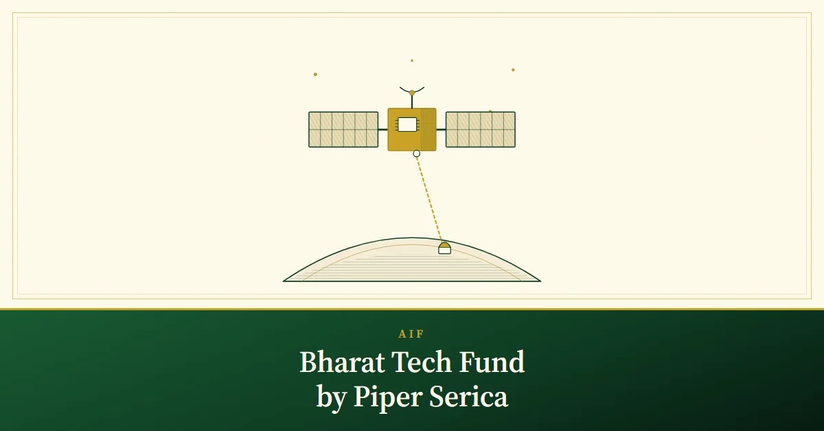 Bharat Tech Fund by Piper Serica, engraved illustration: a small satellite beaming to a ground station