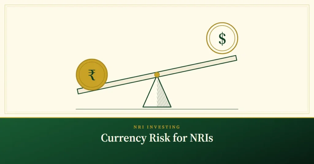 Currency Risk for NRIs – engraved illustration: seesaw with rupee and dollar