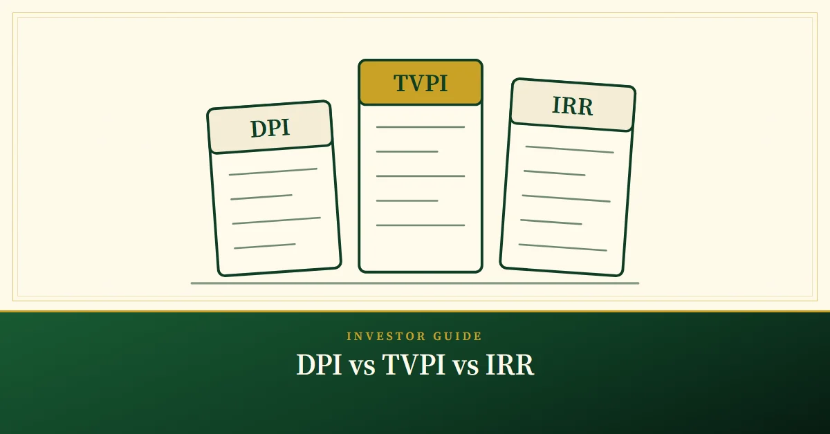 DPI vs TVPI vs IRR – engraved illustration: three scorecards: DPI, TVPI, IRR