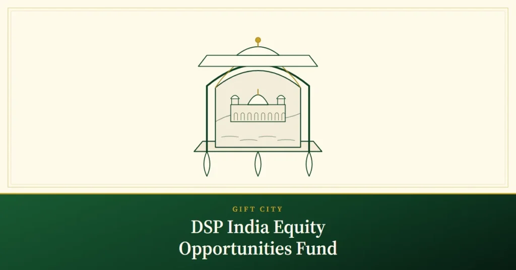 DSP India Equity Opportunities Fund – engraved illustration: carved window onto a city view