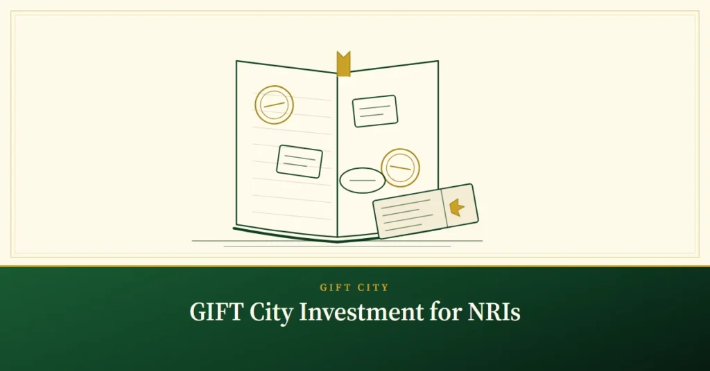 GIFT City Investment for NRIs – engraved illustration: passport with a boarding pass