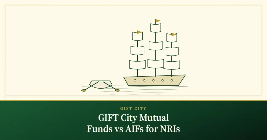 GIFT City Mutual Funds vs AIFs for NRIs – engraved illustration: rowboat beside a tall ship