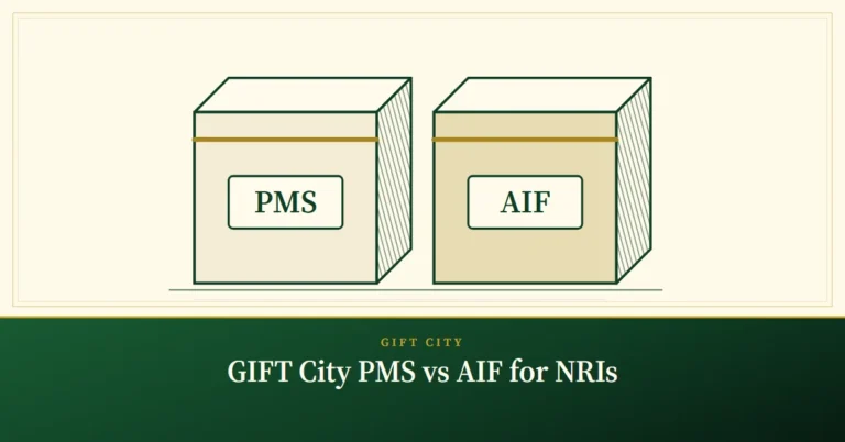 GIFT City PMS vs AIF for NRIs – engraved illustration: two labelled boxes: PMS and AIF