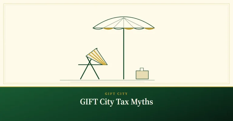 GIFT City Tax Myths – engraved illustration: deckchair and parasol