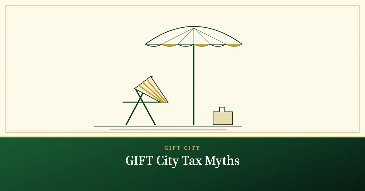 GIFT City Tax Myths – engraved illustration: deckchair and parasol