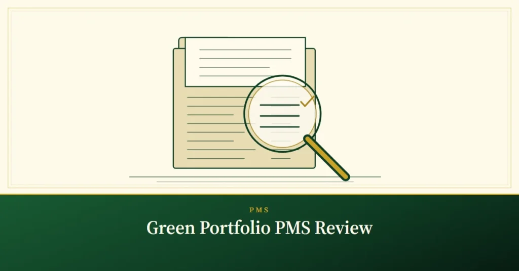 Green Portfolio PMS Review – engraved illustration: magnifying glass over a portfolio folder