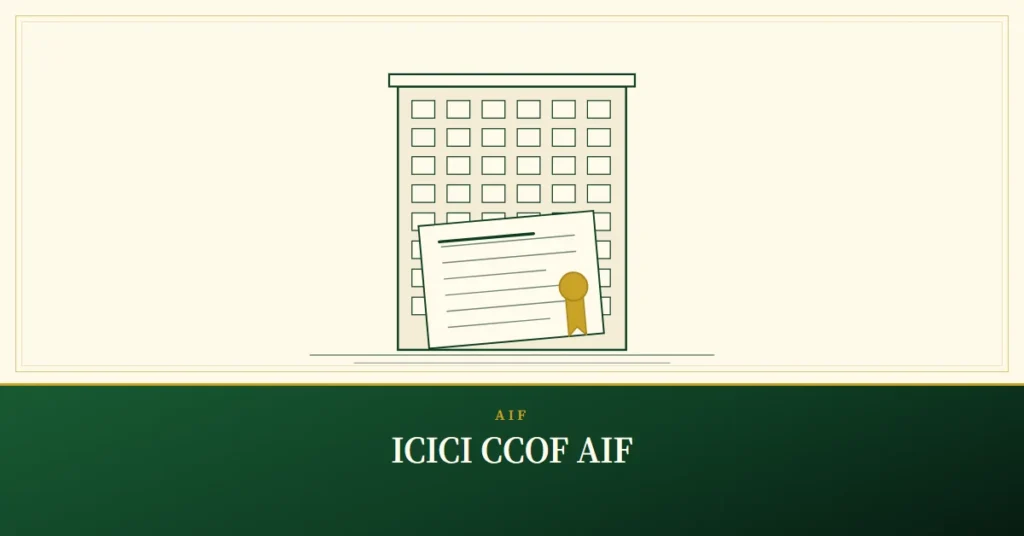 ICICI CCOF AIF – engraved illustration: company building with a loan deed