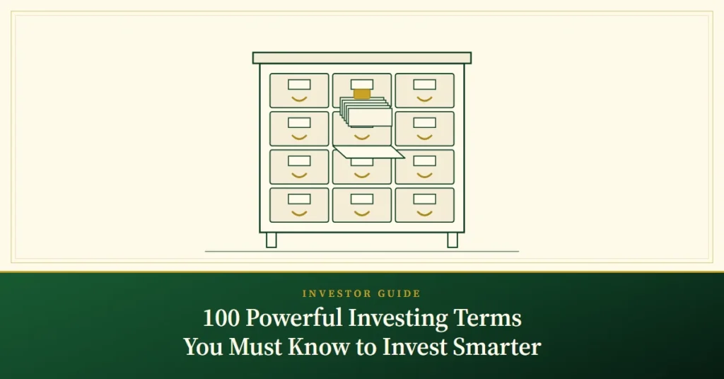 100 Powerful Investing Terms You Must Know to Invest Smarter – engraved illustration: library card-catalogue drawers