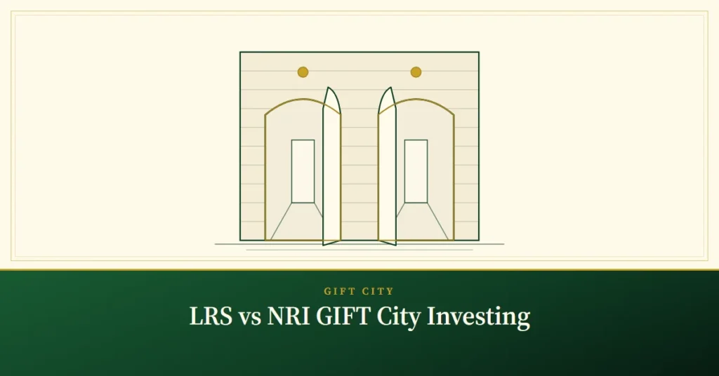 LRS vs NRI GIFT City Investing – engraved illustration: two doors into similar hallways