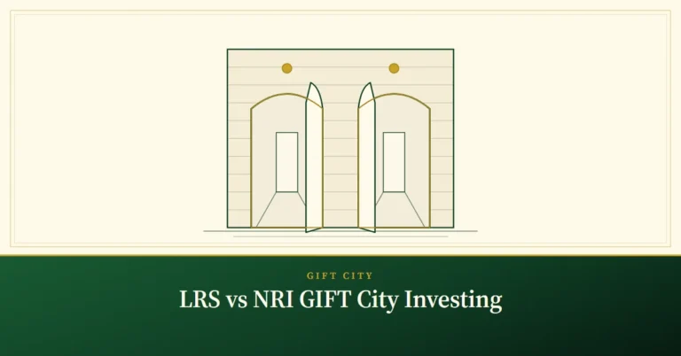 LRS vs NRI GIFT City Investing – engraved illustration: two doors into similar hallways