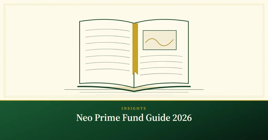 Neo Prime Fund Guide 2026 – engraved illustration: open guidebook with bookmark
