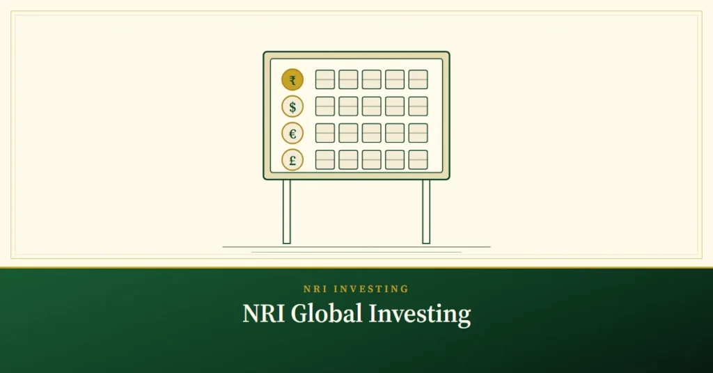 NRI Global Investing – engraved illustration: exchange board with four currencies