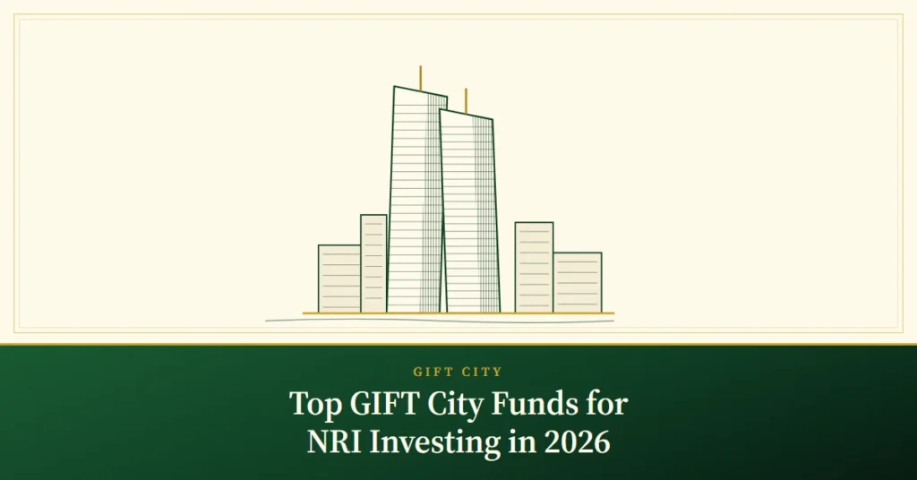 Top GIFT City Funds for NRI Investing in 2026 – engraved illustration: GIFT City twin towers skyline