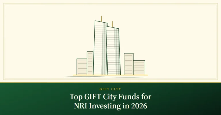 Top GIFT City Funds for NRI Investing in 2026 – engraved illustration: GIFT City twin towers skyline