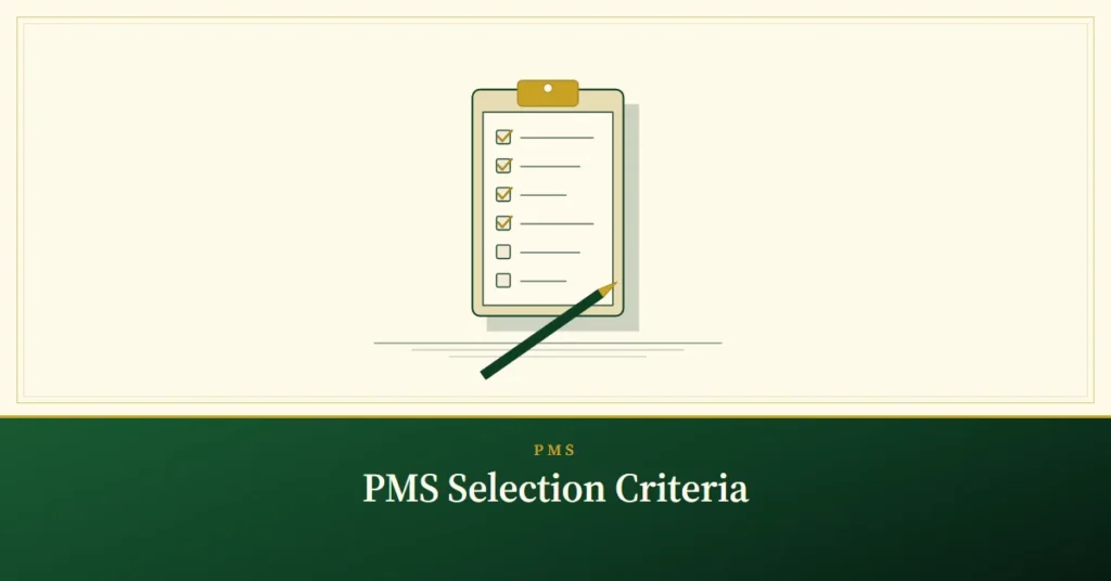 PMS Selection Criteria – engraved illustration: ticked checklist on a clipboard