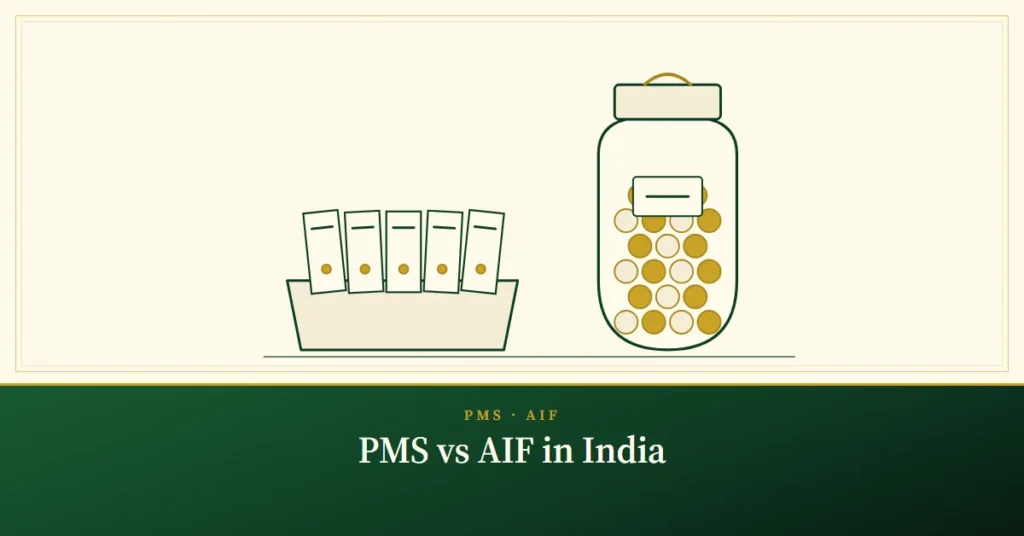 PMS vs AIF in India – engraved illustration: tray of single shares beside a jar of fund units