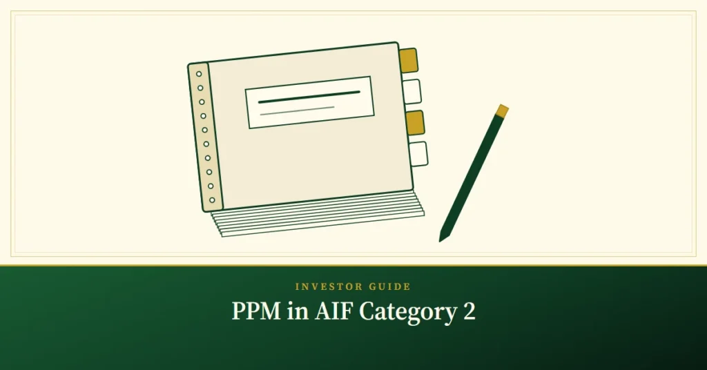 PPM in AIF Category 2 – engraved illustration: bound memorandum with tabs and a pen