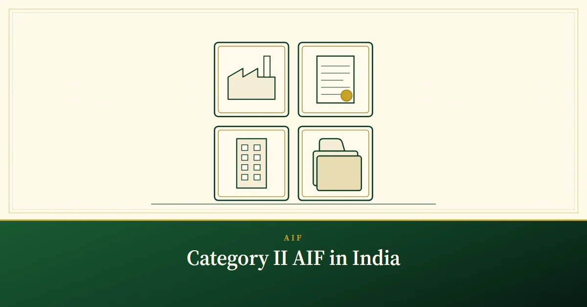 Category II AIF in India – engraved illustration: four tiles: company, loan deed, building, fund folder