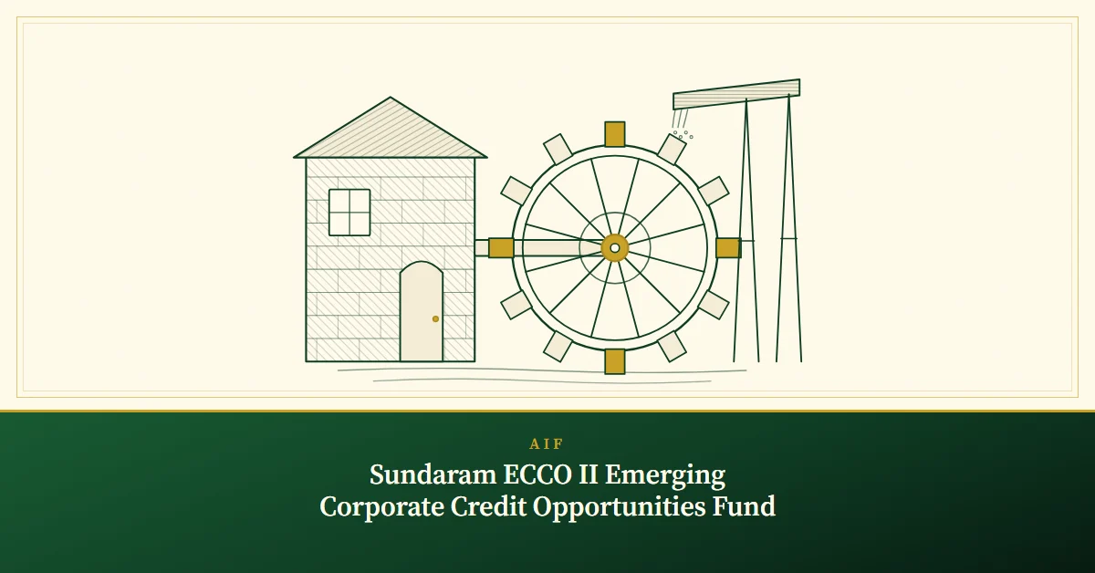 Sundaram ECCO II Emerging Corporate Credit Opportunities Fund, engraved illustration of a stone watermill with an overshot wheel fed by a wooden flume, four gold paddles a quarter-turn apart