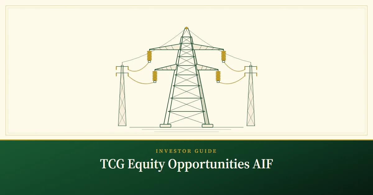 TCG Equity Opportunities AIF: Terms, Fees & PMS Record, engraved illustration of a high-voltage transmission pylon carrying power lines to two distant pylons