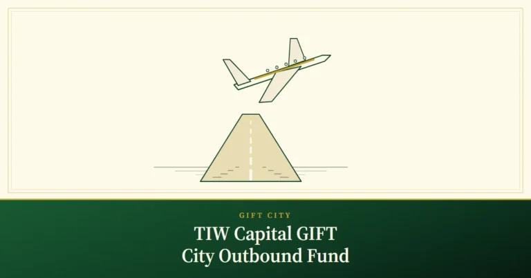 TIW Capital GIFT City Outbound Fund – engraved illustration: plane lifting off a runway
