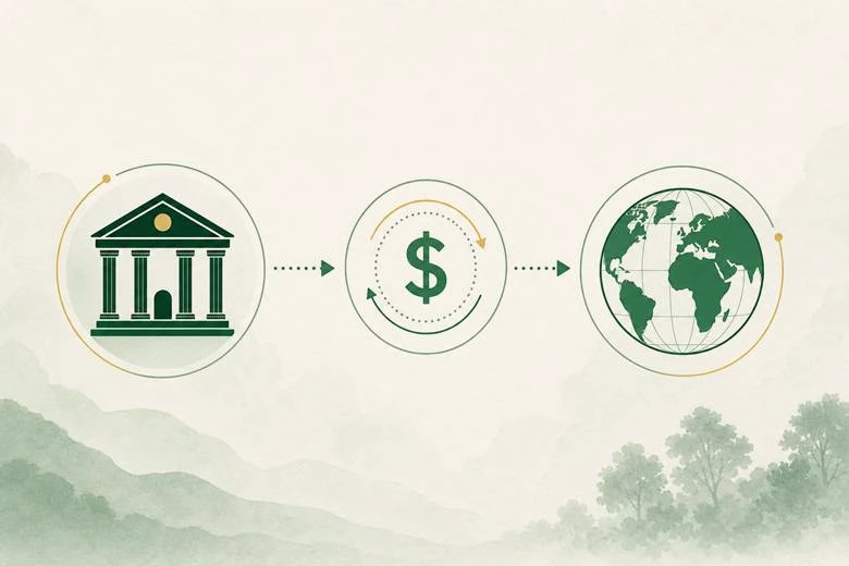 TIW Capital GIFT City Outbound Fund: illustration of money moving abroad, a bank, a dollar sign and a globe linked by arrows