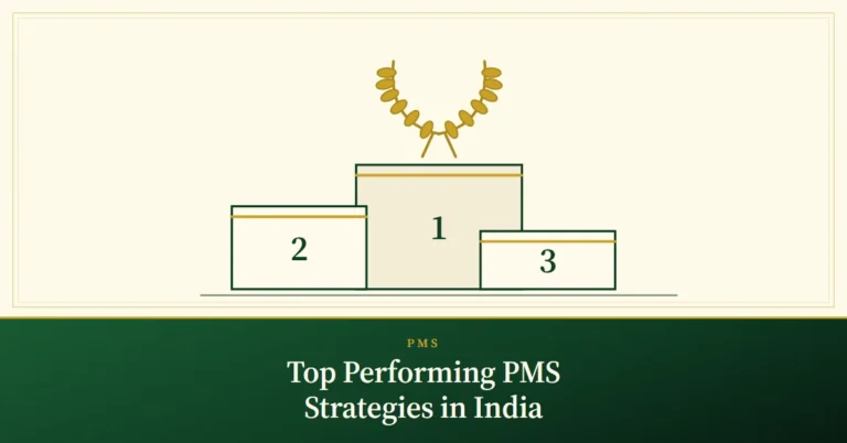 Top Performing PMS Strategies in India – engraved illustration: three-step podium