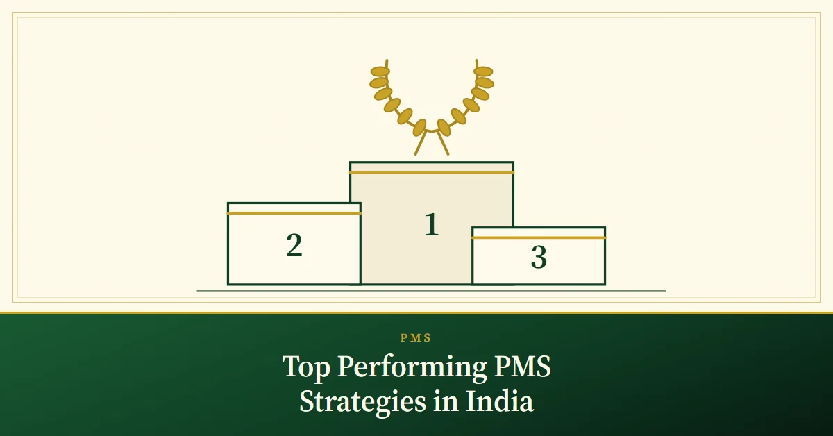 Top Performing PMS Strategies in India – engraved illustration: three-step podium